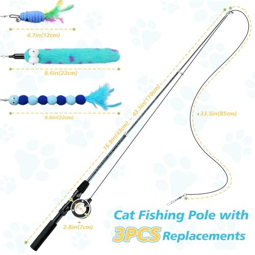 Pawaboo Cat Teaser Wand Toys, Cat Fishing Pole Toy with 3 PCS Feathers - color: Plush-Blue