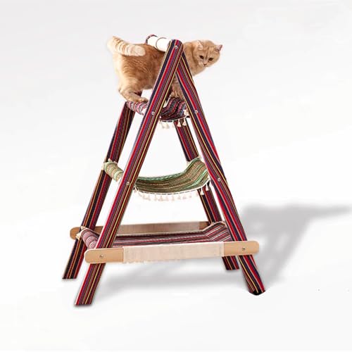 SHENGOCASE 3-Tier Modern Boho Style A Frame Wooden Cat Tree Tower Ladder with Multi-Level Bed Hammock for Large Cat and Sctatching Post, Hanging Toy Ball (Boho) - color: Boho