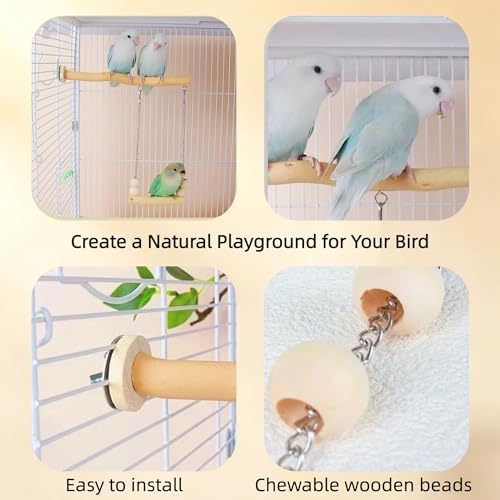 Bird Perch and Swing for Small Birds, Natural Wood Cage Accessories - size: Short