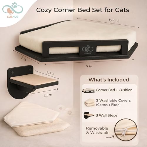 Cat Wall Shelves, Solid Wood Corner Bed, 3 Steps, Up to 25 lb, Black - color: Black