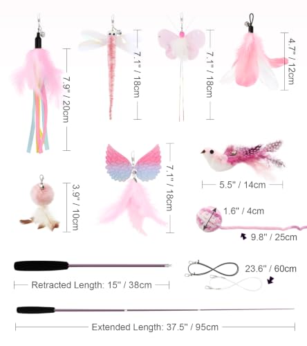 SONGWAY Interactive Cat Wand Toy Set - Retractable Cat Teaser Wand with 8 PCS Cat Toy Attachments, Dragonfly Butterfly Bird Mouse Yarn Ball Tassel Feather Cat Toy Refills for Indoor Cats Kittens, Pink - color: Pink
