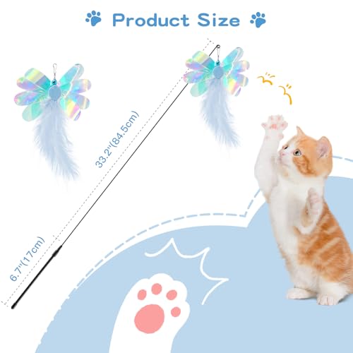 Pawaboo Cat Feather Wand Interactive Toy, 2 Feathers + 1 Wand with Bell - color: Blue Butterfly
