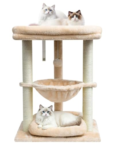 SYANDLVY Small Cat Tree for Indoor Cats with Top Perch Hammock & Bottom Bed - color: Beige
