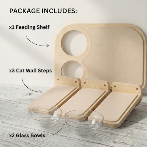 INICIO Cat Shelves - Feeding Shelf with 3 Cat Wall Steps - Natural Wood - color: Wood Brown