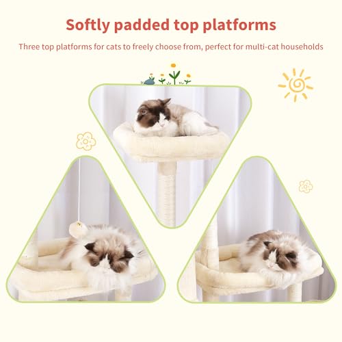 Hey-brother Cat Tree Tower with Stable Extended Base, 3 Platforms, MPJ038M - color: Beige