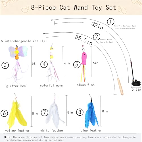 Suction Cup Cat Teaser Wand, 8-Piece Interactive Cat Feather Toy Set, 2 Wands + 6 Replaceable Refills, Detachable Steel Wire & Wooden Handle for Indoor Cats