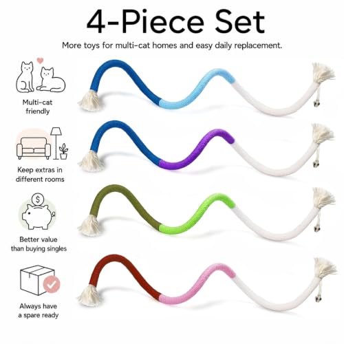 4-Pack Cat Toys for Indoor Cats, Woven Cotton Rope Toys with Bells - size: 4 Packs