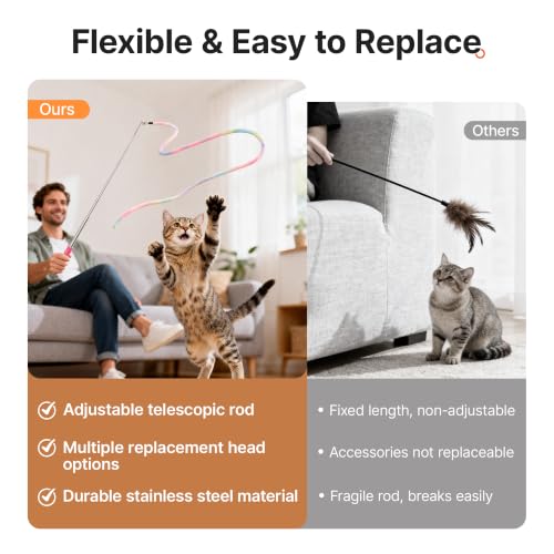 Potaroma Interactive Cat Wand Teaser Toy, Retractable, 4 Ribbons