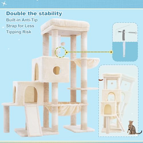 Hey-brother Cat Tree Tower with Plush Steped Condos, Big Platform, MPJ071M - color: Beige, size: 50 inches