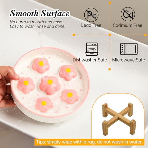 Elevated Ceramic Slow Feeder Cat Bowl with Anti-Slip Bamboo Stand - color: Pink + Stand