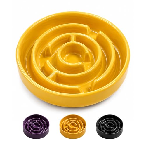 Ceramic Slow Feeder Dog Bowl,1.5 Cups Pet Slow Feeder for Small and Medium Breed,Puzzle Dog Food Dish,Anti-Gulping,Stop Bloat,Preventing Choking(Yellow) - color: Yellow
