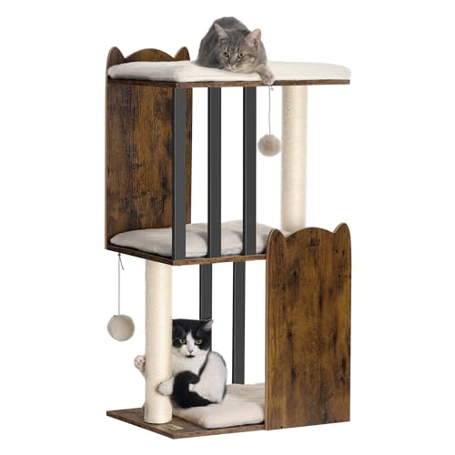 FourFurPets 35.4in 3-Tier Modern Cat Tree Tower Condo, Cat Scratch Posts for Indoor Cats, Big Plate, Two Full Sisal Scratching Posts, Rustic Brown - color: Rustic Brown, size: 19.1"L x 13.8"W x 35.4"H