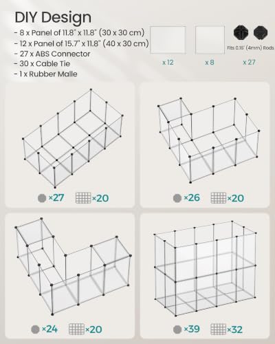 SONGMICS Pet Playpen, Small Animal Playpen with Floor - color: White, style: 20 Panels - 57.1"L x 28.3"W x 22.4"H