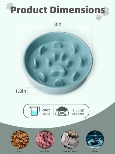 Ceramic 1.5 Cup for Small & Medium Breeds Slow Feeder Dog Bowl (Turquoise) - color: Turquoise