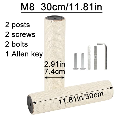 7.4cm 2.91in Diameter Cat Tree Scratching Post Replacement Sisal Pole Parts for Cat Tower (M8, 11.81in/30cm) - color: 11.81in/30cm, size: M8*2posts