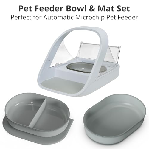 Bowl & Mat Set for Automatic Microchip Cat Pet Feeder, Sealing Ring Design for Keeping Food Fresh and Reducing Odor, Easy to Clean(Grey) - color: Grey Bowls