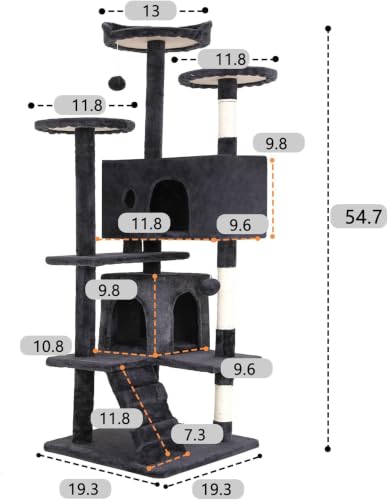 BestOffice 54" Cat Tree with Toy, Multi-Level Cat Tower Indoor Dark Gray - color: Dark Gray, size: 54 Inch