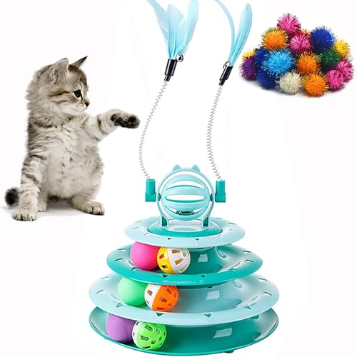 Vealind Cat Toy Roller 4-Level Turntable Cat Toys Balls with 14 Pcs Colorful Pom Pom Balls Interactive Fun Mental Physical Exercise Puzzle Kitten Toys (Green) - color: Green