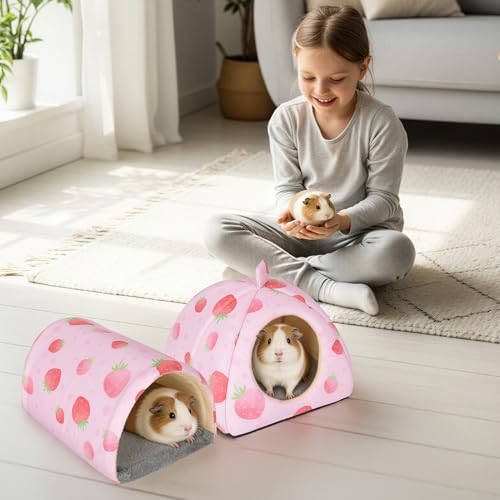 Bienbee Guinea Pig Hideout, 2 Piece Washable Set for Small Animals Small - color: Pink Strawberry, size: Small(7.3"L x 7.3"W x 6.7"H)