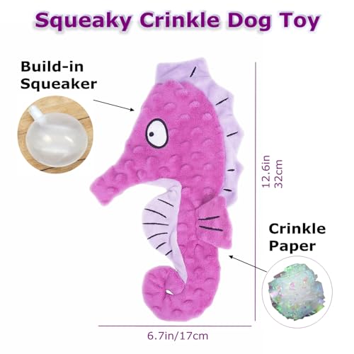 Artinova Dog Toys Squeaky Crinkle Purple Seahore, 1 Pack. No Stuffing Dog Toys for Puppy Teething Chewing, Durable Interactive Toys for Medium and Large Dogs