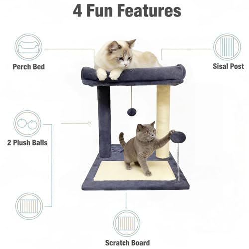Cat Scratching Post, 19.69" H(50cm) Cat Tree with Cat Bed, Scratching Posts for Indoor Cats with Two Plush Balls Toy, Small Cat Tree for Kittens/Cats Playing and Relaxing (20 in Grey Cat Tree) - size: 20 in