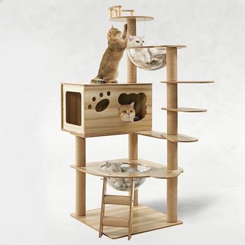 EUREKA ERGONOMIC Cat Tree Large 52 Inch, Wooden Cat Tower Multi-Level Cat Tree Tower for Indoor Cats Large Adult with Scratching Post, House, Pompoms, Cat Stand with Scratch Pad (Yellow) - size: CT02