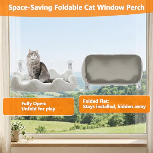 Homegroove Cat Window Perch, 24 x 12 Inch Foldable Cat Hammock for Window with 4-Sided Bolster & 4 Large Suction, Cloud Shape Cordless Window Bed for Indoor Cats (White, Large(24'' x 12'')) - color: White