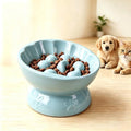 Ceramic Slow Feeder Cat Bowl, Elevated Tilted Design, Blue - color: blue