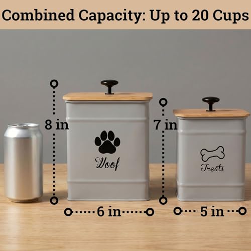 Dog Treat Container Set of 2 with Airtight Bamboo Lids - 8x6 & 7x5 inch - color: Gray - Large