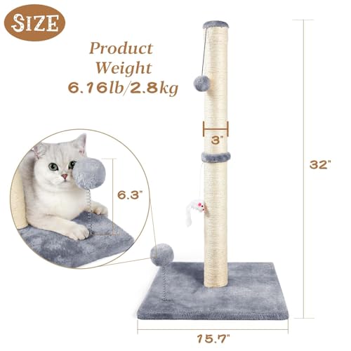 ANWA 32" Tall Sisal Cat Scratching Posts Tree for Indoor Cats Adults, Gray