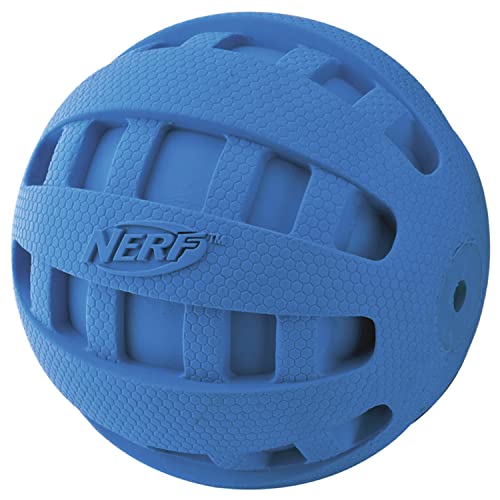 Nerf Dog Rubber Ball Dog Toy with Checkered Squeaker, Lightweight, Durable and Water Resistant, 4 Inch Diameter for Medium/Large Breeds, Single Unit, Blue - size: 4 Inch Blue, style: Checker Squeak