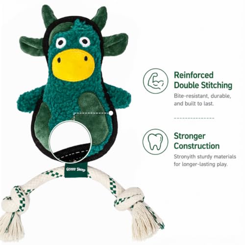 Green Sheep Squeaky Plush Dog Toy, Interactive Rope Toy with Recycled Materials for Tug, Fetch and Play, Medium to Large Dogs, Chew Toy, Cow - color: Cow