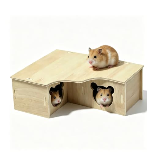 Multi-Chamber Hamster House Maze, 3-Room Hideouts, Wooden Hamster Maze & Tunnel Exploring Toys, Dwarf Hamster House Habitats Decor for Hamster Mice Gerbils Lemmings