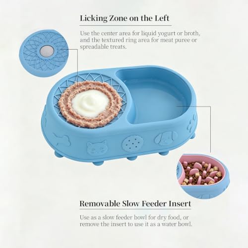 Slow Feeder Dog Bowl with Lick Mat, 2 in 1 Silicone Feeding Bowl - color: blue + pink