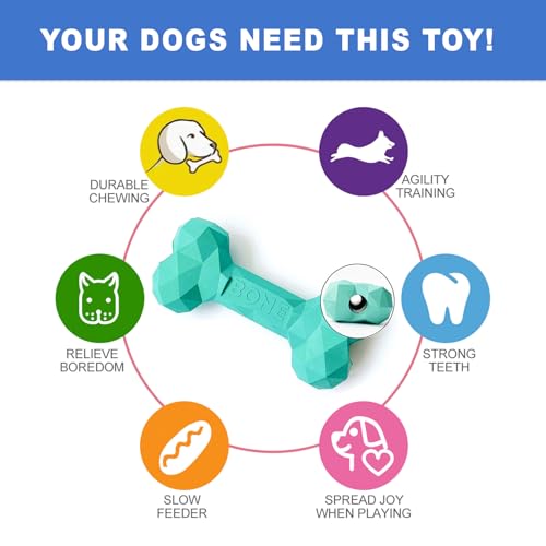 NOOVIA Durable Dog Chew Toy Rubber Bone 100% Natural Bite-Resistant Interactive Pet Toys for Dogs, Diamond Texture Modern Geometric Design (Lake Green, Medium 2-Pack) - size: Medium 2-Pack