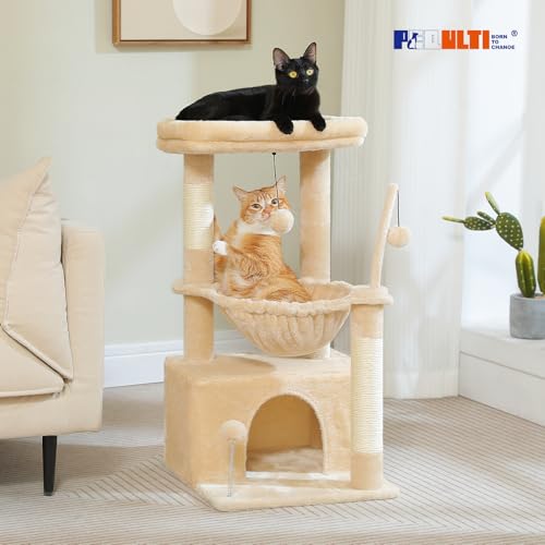 PEQULTI 4-in-1 Cat Tree for Kittens & Small Cats, 33in Beige Tower - color: Beige, size: L(15.8"L x 15.8"W x 33"H)