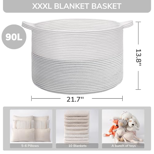 INDRESSME XXXLarge Woven Rope Blanket Basket Living Room White, 90L - color: White, size: 21.7"D x 13.8"H