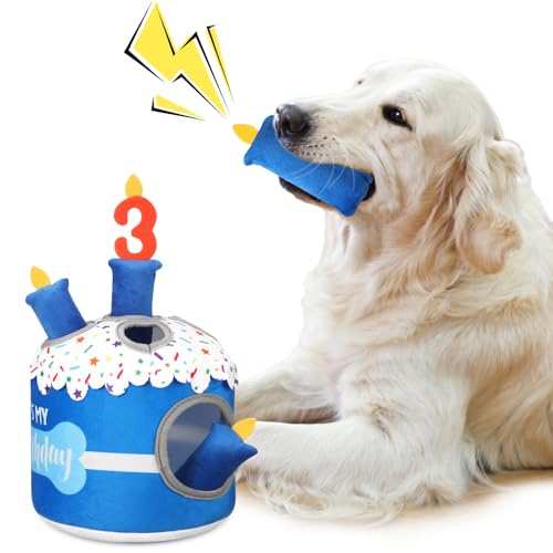 Foilswirl Dog 3rd Birthday Cake Toy Squeaky Interactive Dog Toy Hide and Seek Plush Dogs Puzzle Puppy Toys for Boredom Keep Them Busy for Small Medium Dogs(Blue) - size: Blue, style: 3rd