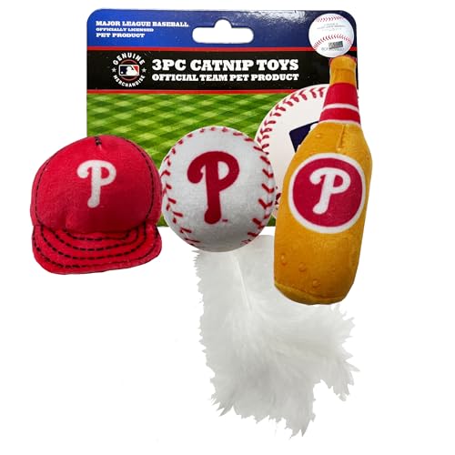 Best Plush CAT Toy - MLB Philadelphia Phillies Complete Set of 3 Piece Cat Toys Filled with Catnip. Incld: 1 Baseball Cap Cat Toy, 1 Baseball Cat Toy with Feathers & 1 Beer Bottle. Team Logos - color: Philadelphia Phillies
