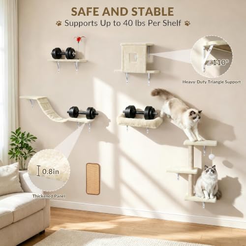 Cat Wall Shelves, 6-in-1 Cat Wall Furniture Set, Beige - color: Beige