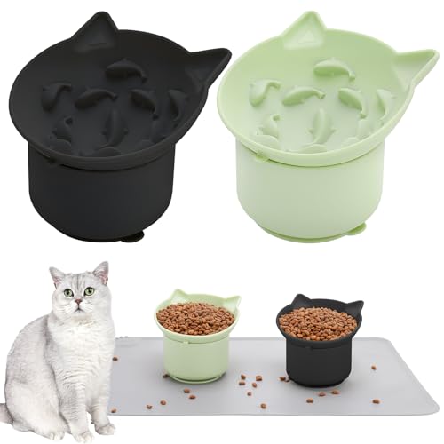 2 Pack Slow Feeder Cat Bowls Silicone Tilted Raised Pet Bowl - color: Black, Green