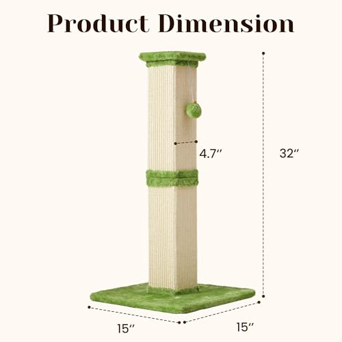 Fansafurn Tall Cat Scratching Post, 32'' Heavy Duty and Thick Scratching Post, Scratching Post for Adult Cats, Thick Sisal Rope with Hanging Ball, Green - color: Green, size: 32''