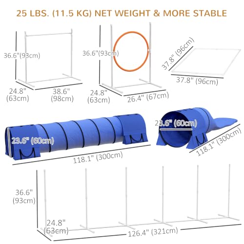 PawHut 7 Piece Dog Agility Training Equipment, Dog Obstacle Course Starter Kit with Tunnels, Weave Poles, Adjustable Hurdles, Jumping Ring, Pause Box, Whistle, Blue