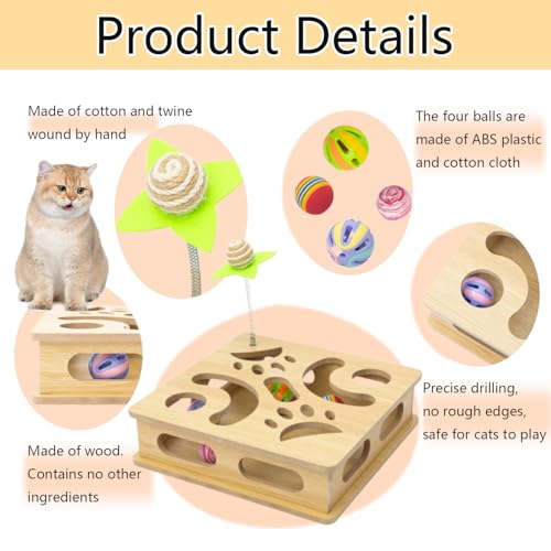 Interactive Wooden Cat Puzzle Toy Box Indoor Hunting Play Toy to Stimulate Your Cat’s Energy and Instincts (Burlywood) - color: Burlywood