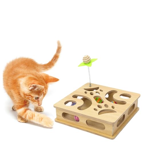 Interactive Wooden Cat Puzzle Toy Box Indoor Hunting Play Toy to Stimulate Your Cat’s Energy and Instincts (Burlywood) - color: Burlywood