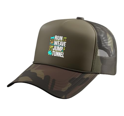 Run Weave Jump Tunnel Dog Agility Trucker Hat with Adjustable Mesh Back - color: Camo Green