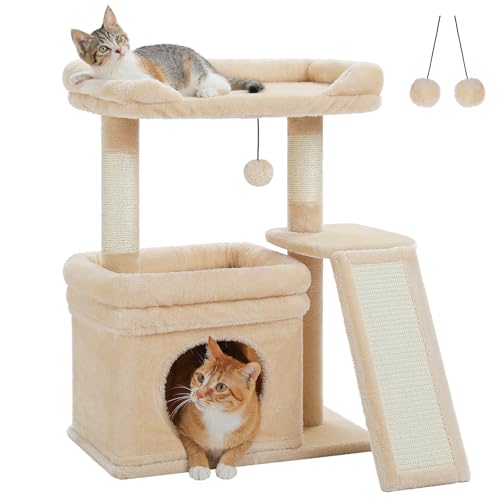 PEQULTI Small Cat Tree Tower for Indoor Cats with Large Perch, Beige - color: Beige, size: L Plus(19.3"L x 12.2"W)