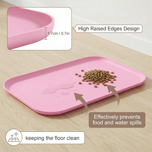 BLESWIN Non-Slip Silicone Dog Food Mat for Food and Water, 18" x 12" Raised Edge Pet Feeding Mat - Waterproof Dog Bowl Mat Easy Clean for Floor Protector,Pink - color: Pink, size: 45 x 30 cm