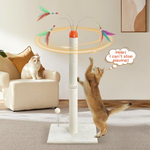 YARUOMY Cat Scratching Post ，41.3" Sisal Rope Cat Scratcher Tall Scratching Post for Indoor Cats Adult with Interactive Cat Toys Automatic Teaser Wand and Rotating Hanging Balls - size: 41.3"H