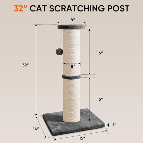 PAWSCRAT 32-Inch Tall Cat Scratching Post, 5-Inch Diameter, Sisal, Grey - color: Gery